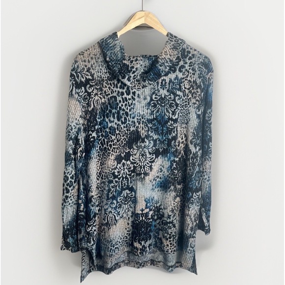 Chico's Zenergy Sweaters - Chicos Zenergy Womens 3 XL Sweater Top Cowl Neck Long Sleeve Blue Floral 0125F